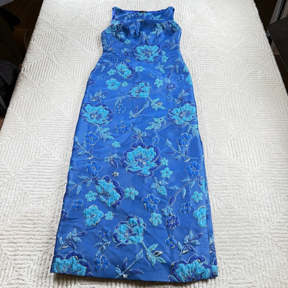 Arianne Elmy Floral Jacquard Dress Women's 6 Blue Metallic Formal Gala Wedding